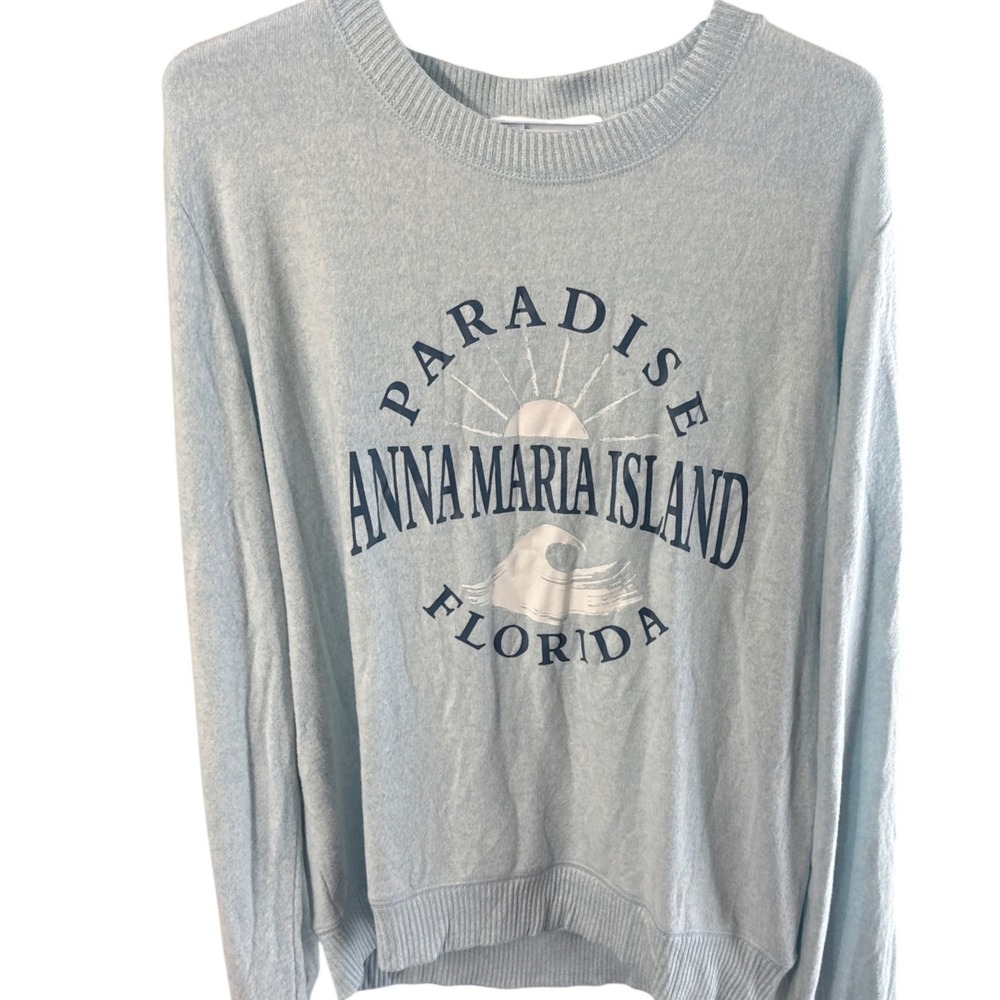Ocean Drive Anna Maria Island Florida Graphic Knit Sweater Light Blue Large